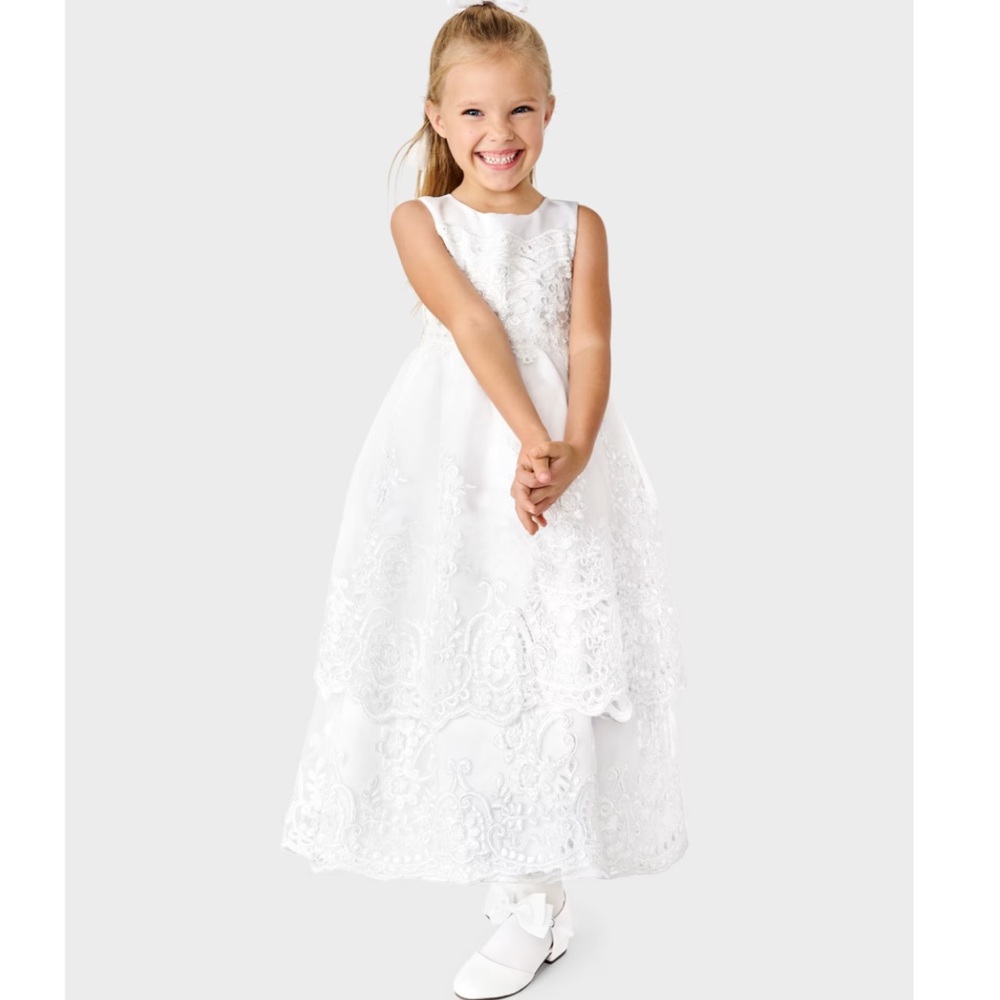 Girls Lace Applique Tiered Dress - Special Occasion